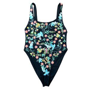 Oceanus Alabama Floral Hand Beaded Embroidered One Piece Swimsuit Black XS